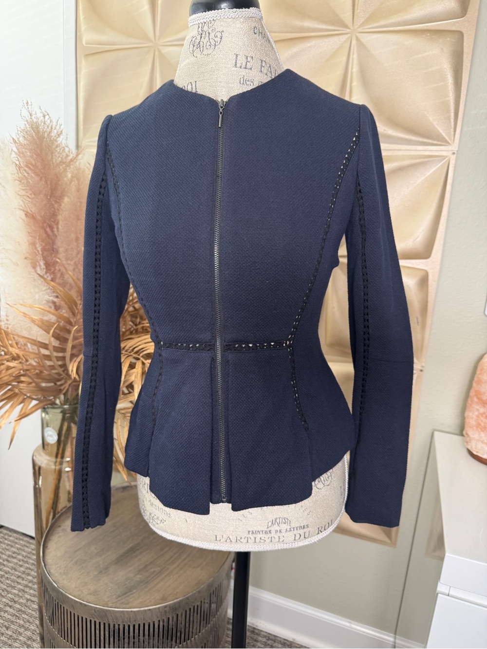 Rebecca Taylor Navy Zip-Front Peplum Blazer